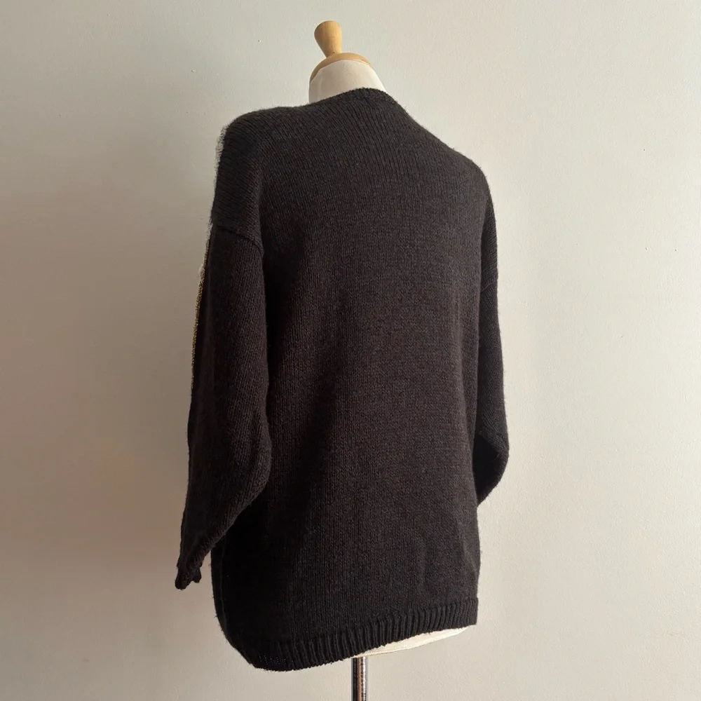 Vintage 1980s White Bird on Charcoal Wool Blend & Lurex Sweater / M - Picture 7 of 10